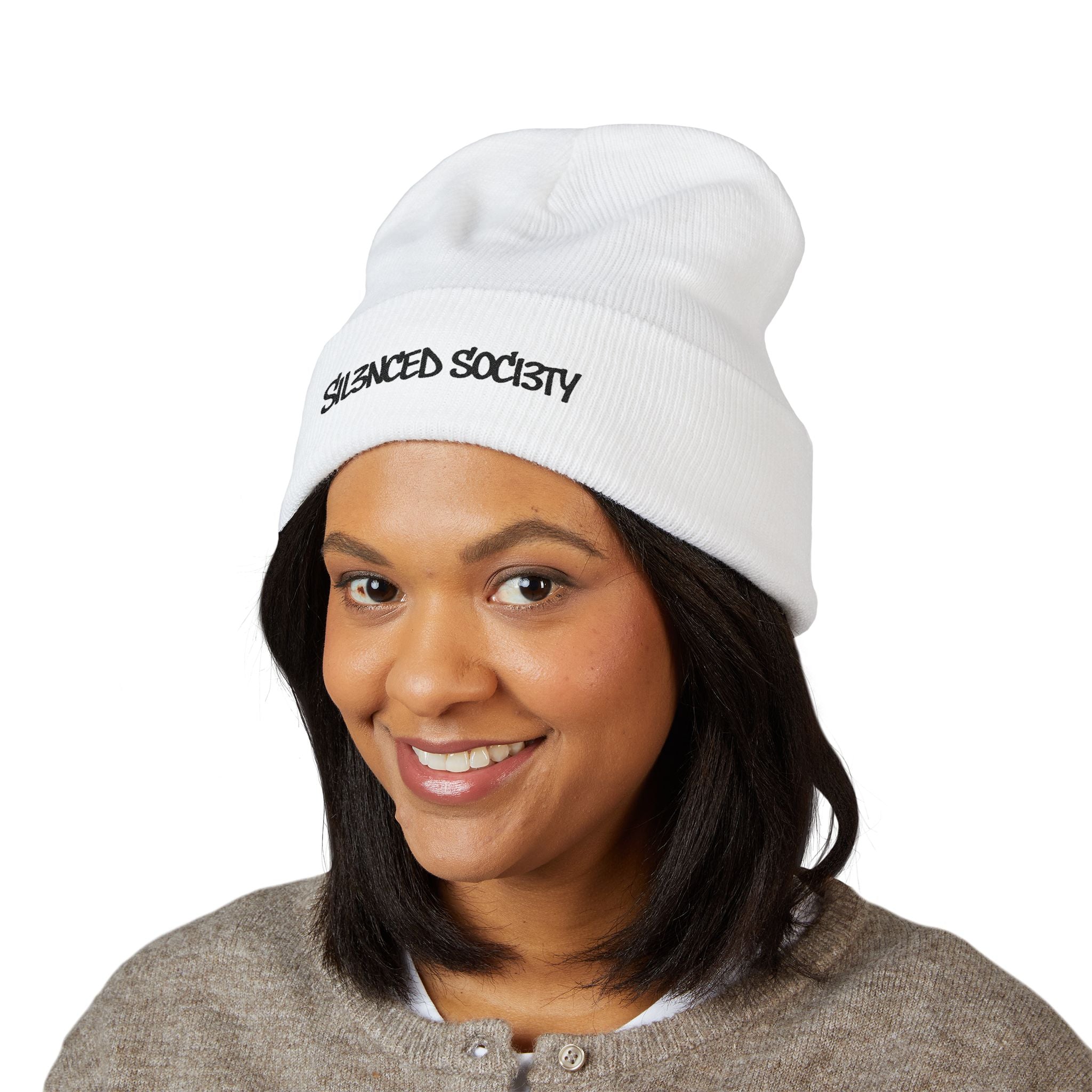 Sil3nced Soci3ty Embroidered Cuffed Beanie - White